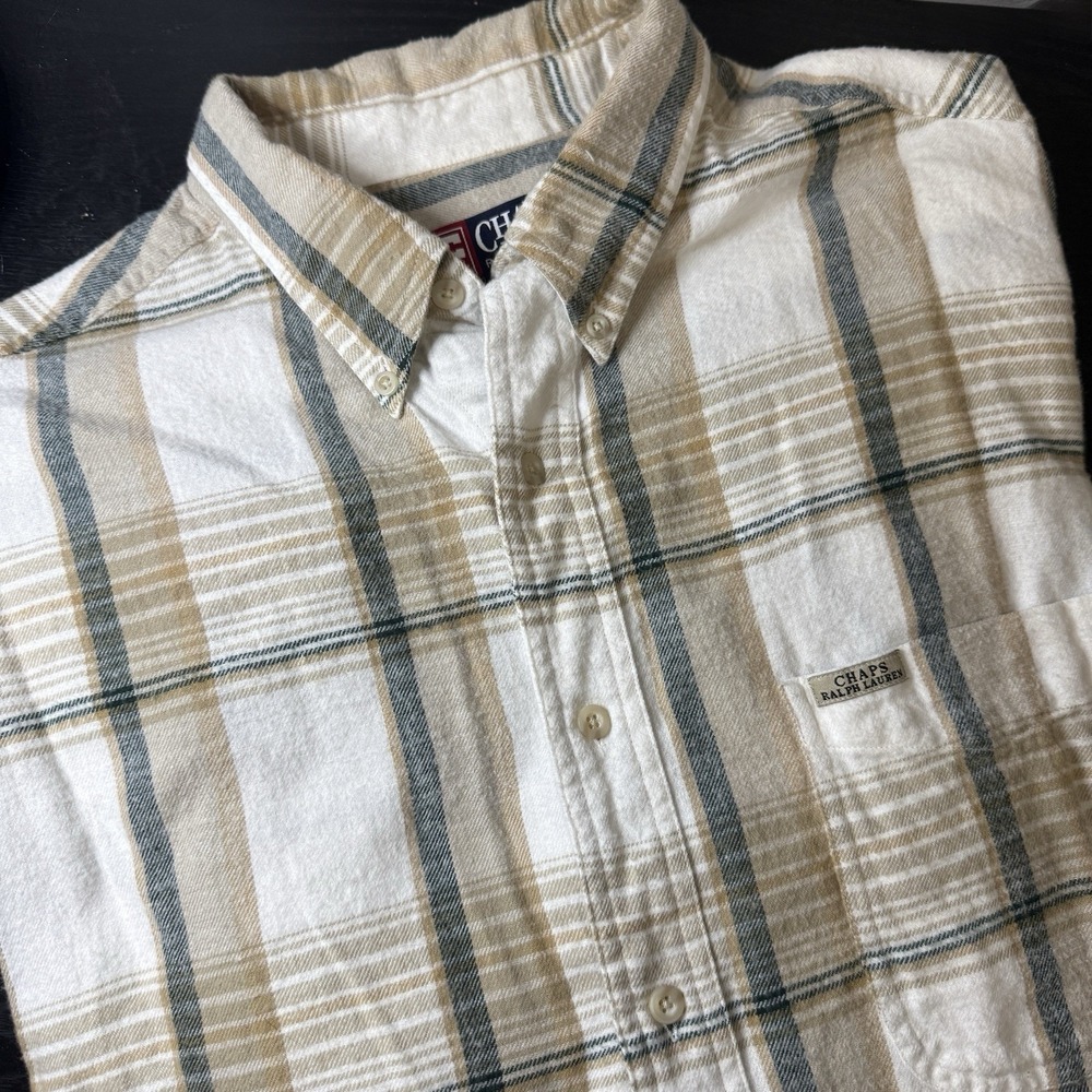 Vintage Chaps Ralph Lauren Shirt Mens XL Flannel Plaid Tan Green Dad Y2K